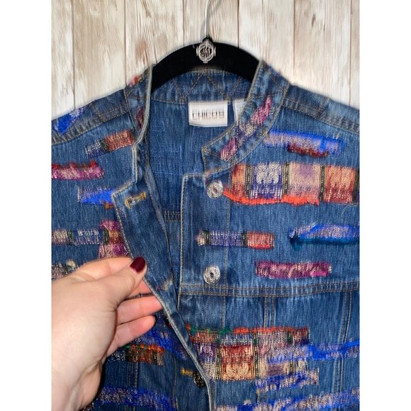 Chicos Womens Embroidered Jean Jacket Size 0 Multicolor Fringe Frayed Size Small - Picture 6 of 12